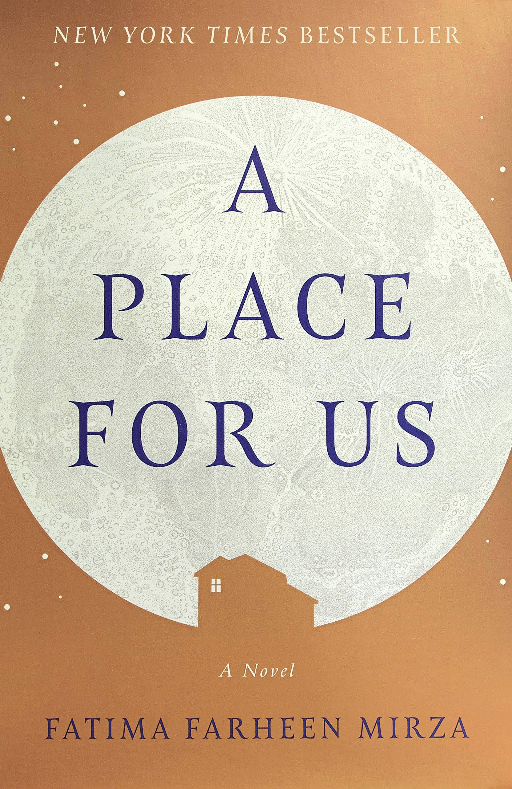 Book cover of "A Place for Us" featuring the silhouette of a house against a large white moon.